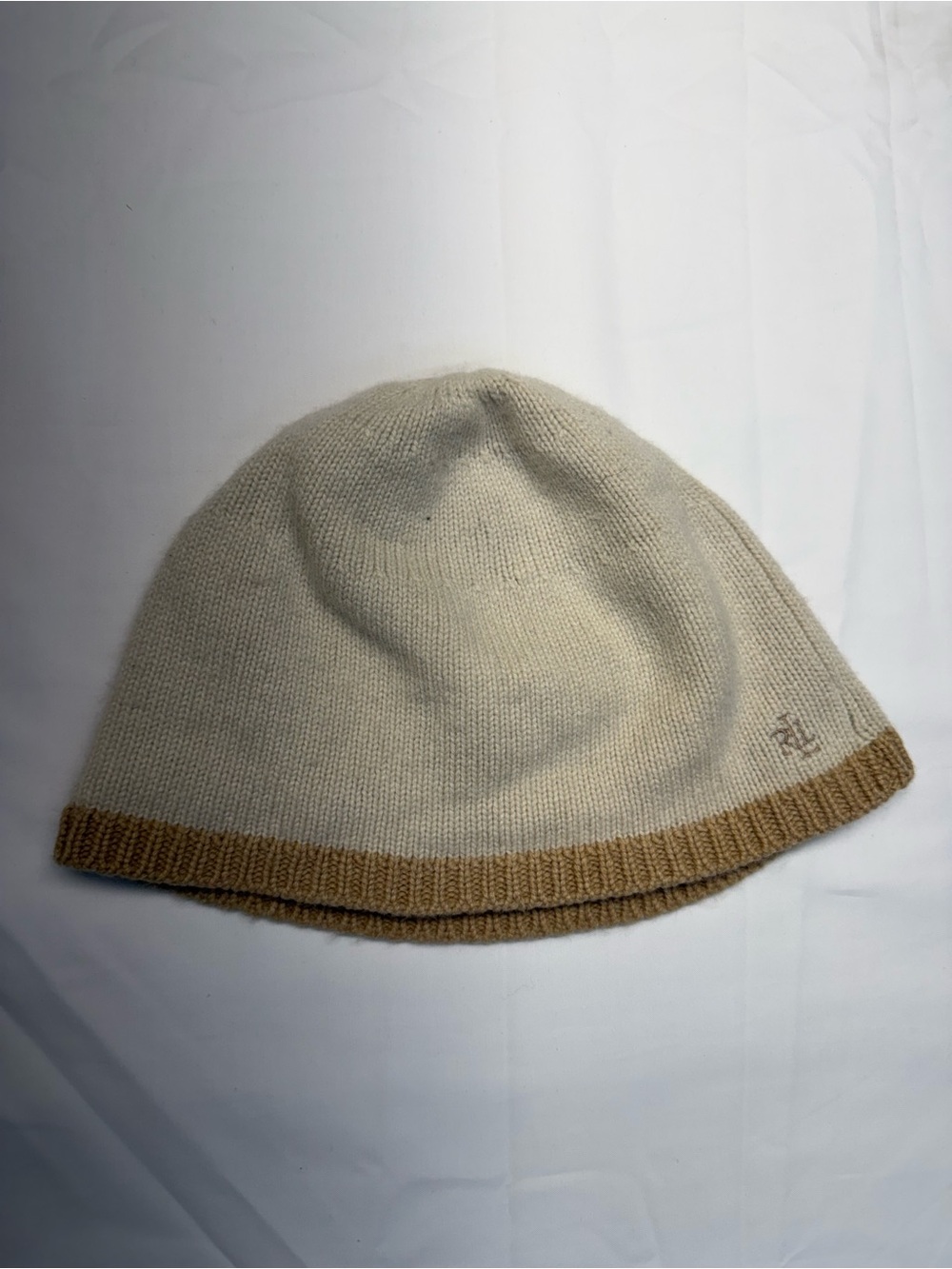 Lauren Ralph Lauren Cream Knit Beanie with Tan Trim
